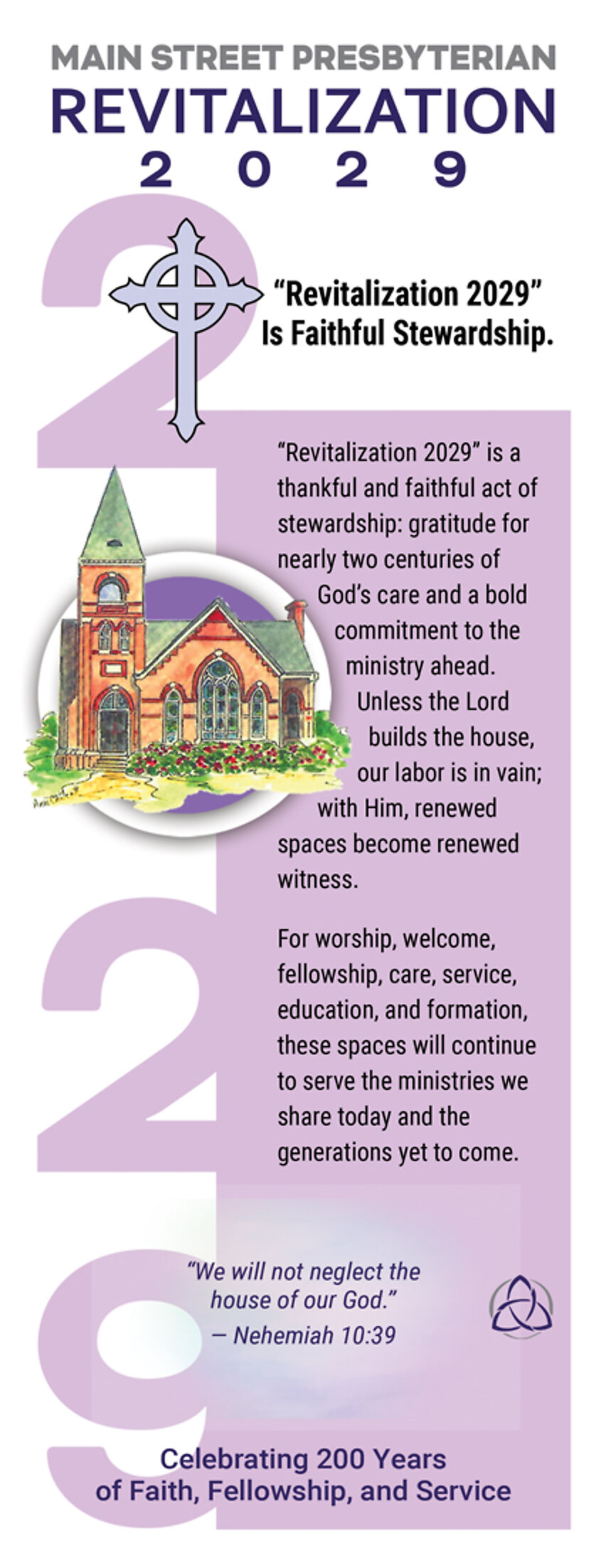 Insert panel headed: Revitalization 2029 Is Faithful Stewardship, with the campaign emblem and Nehemiah 10:39.