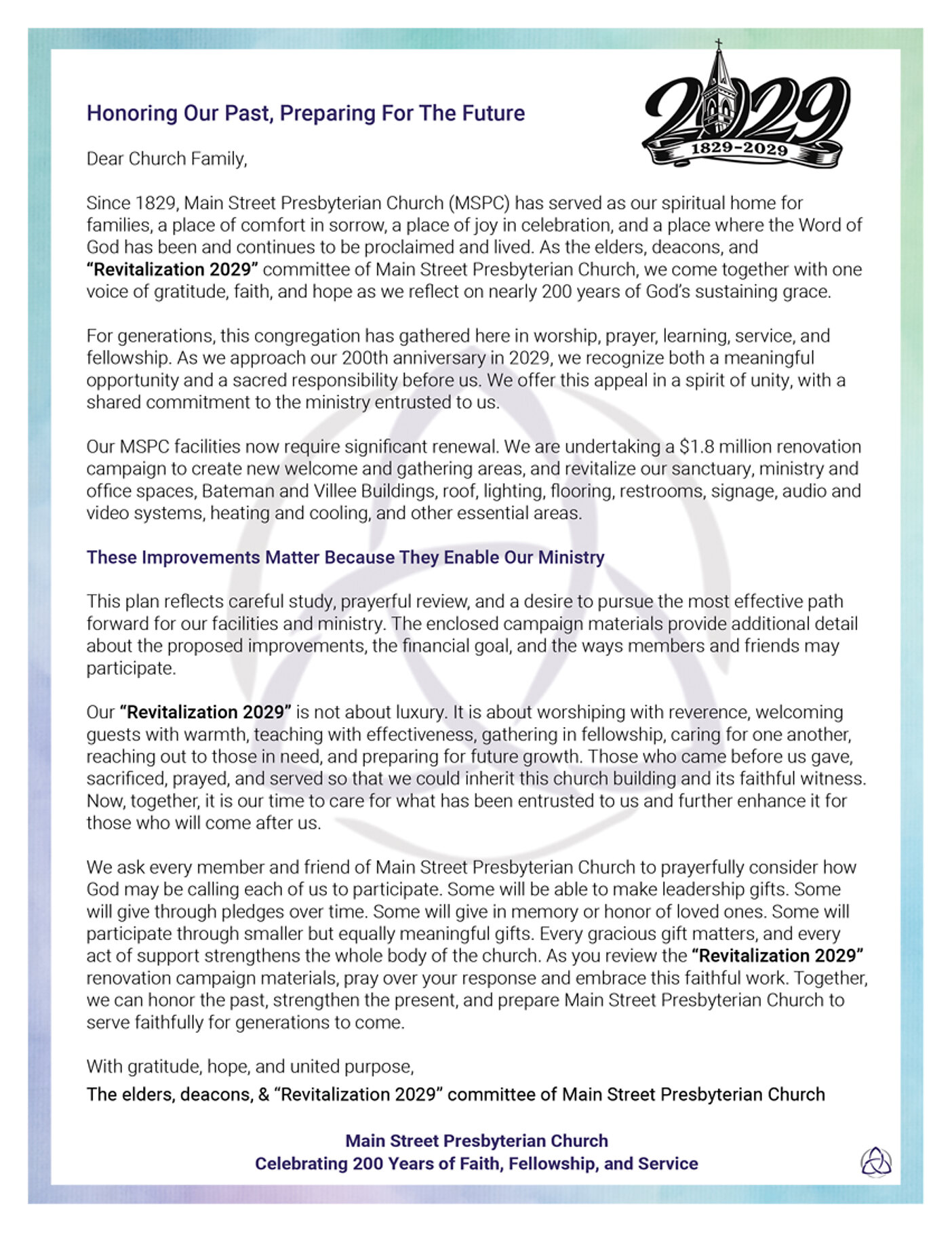 Inside spread of insert one: the letter headed Honoring Our Past, Preparing For The Future, signed by the elders, deacons, and Revitalization 2029 committee.