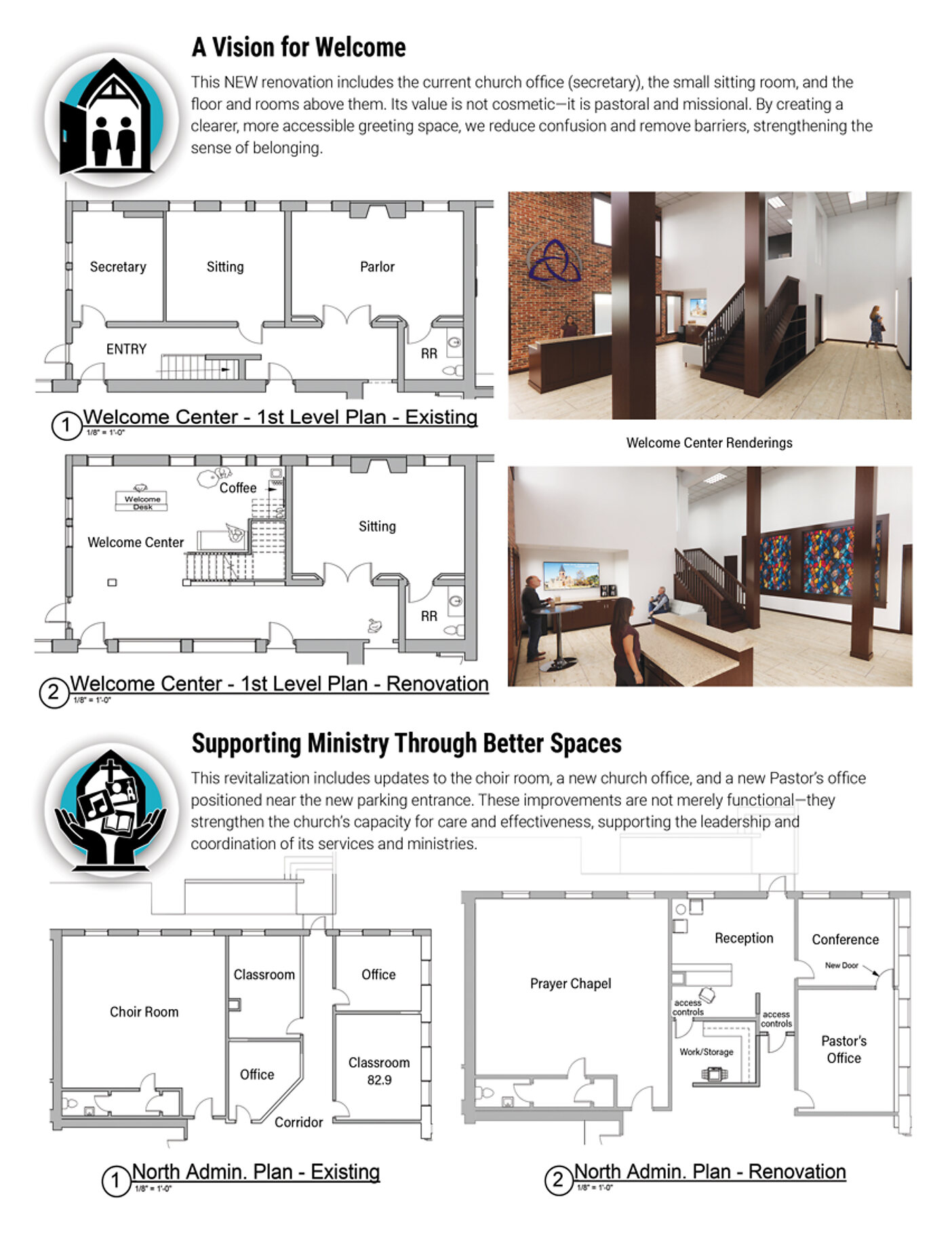 Inside spread of insert two: A Vision for Welcome and Supporting Ministry Through Better Spaces, with existing and renovation floor plans for the welcome center and north administrative wing, and welcome center renderings.