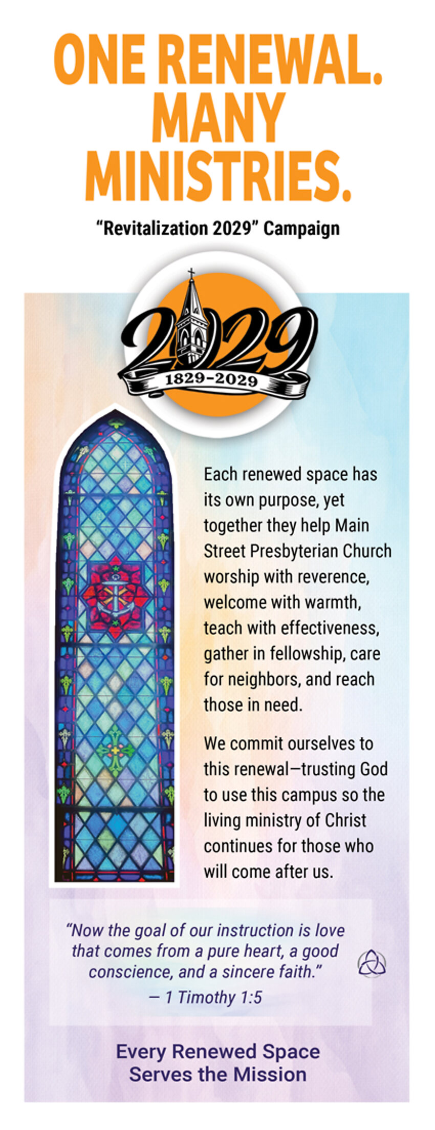 Insert panel headed One Renewal. Many Ministries., with 1 Timothy 1:5.