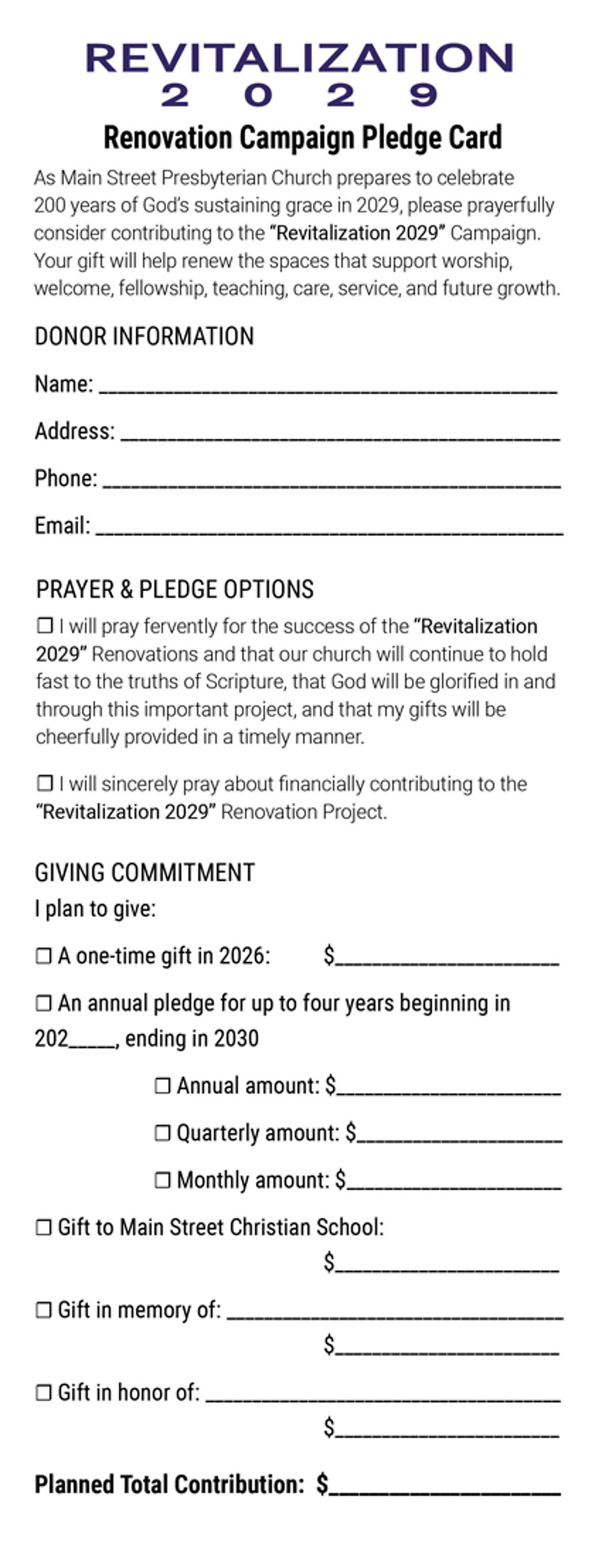Front of the printed pledge card: donor information, prayer and pledge options, and the giving commitment lines.