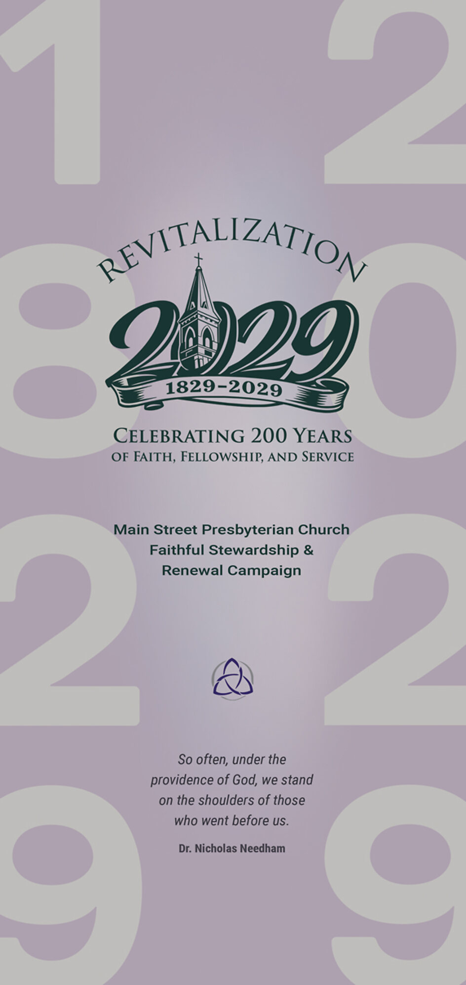 Back of the pocket folder: Main Street Presbyterian Church, Faithful Stewardship and Renewal Campaign, with a quotation from Dr. Nicholas Needham.